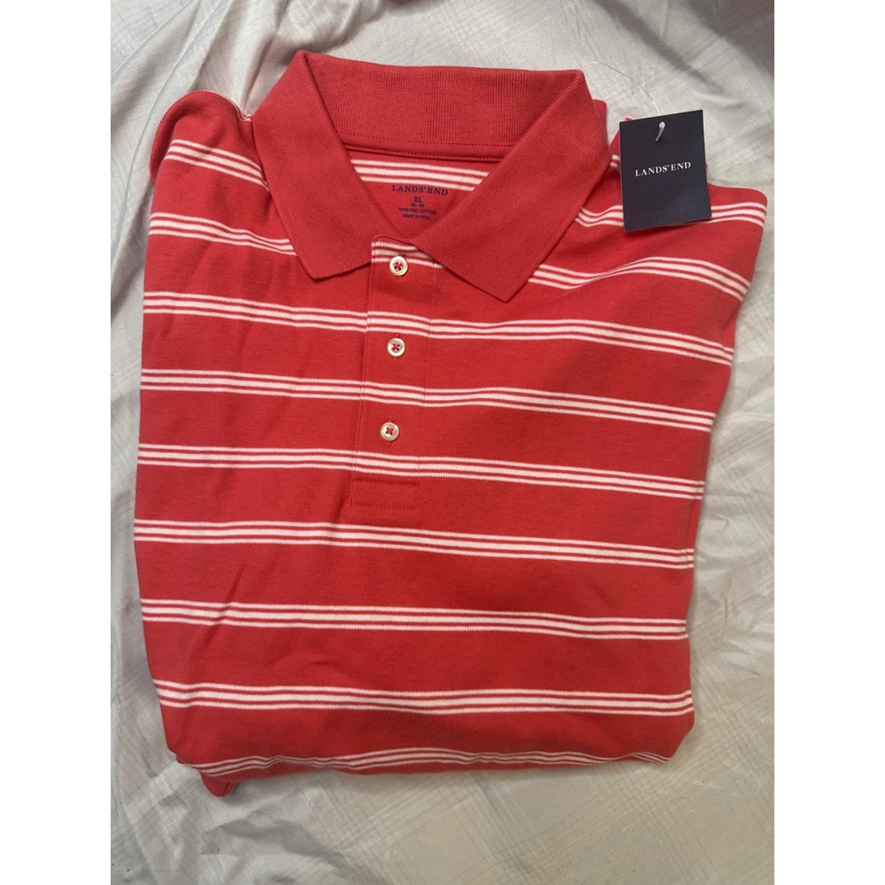 Lands End Mens XL Red White Striped Pima Cotton Short Sleeve Polo Shirt NWT